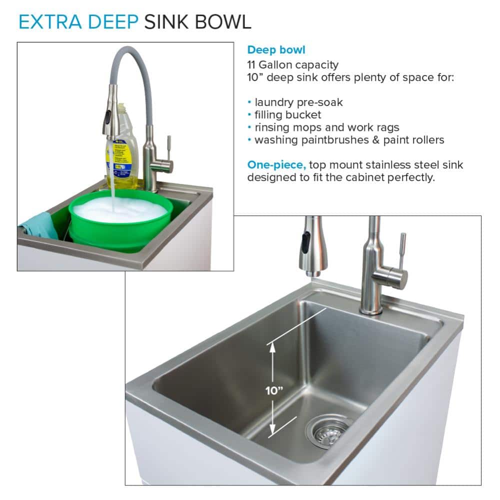 Gloss White Stainless Steel Single Basin Laundry Sink with Cabinet