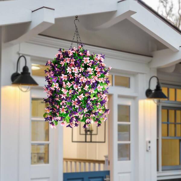 20 in. H Artificial Hanging Silk Violet Flowers in Basket, Outdoor