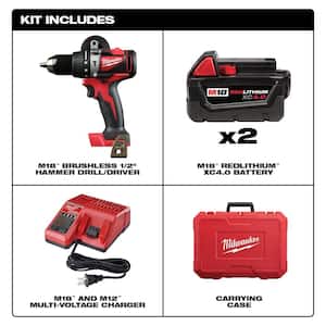 M18 18V Lithium-Ion Brushless Cordless 1/2 in. Compact Hammer Drill/Driver Kit w/Two 4.0Ah Batteries and Hard Case
