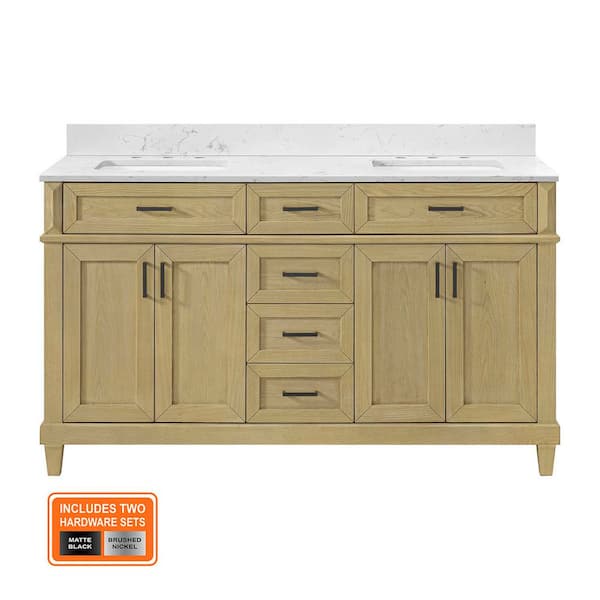 Talmore 60 in. Double Sink Light Oak Bạth Vanity with White Engineered Marble Top (Assembled)