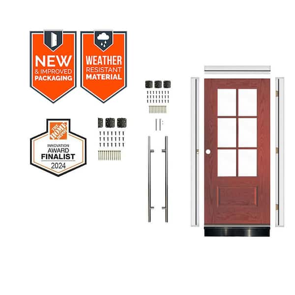 Faux Pivot 36in.x79in. 6-Lite RH ClearGlass Redwood Stain AssemblyRequired Fiberglass Front Door Kit w/QuickAssembleJamb