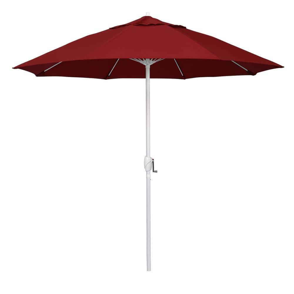 California Umbrella 9 ft. Matted White Aluminum Market Patio Umbrella Fiberglass Ribs and Auto Tilt in Red Pacifica