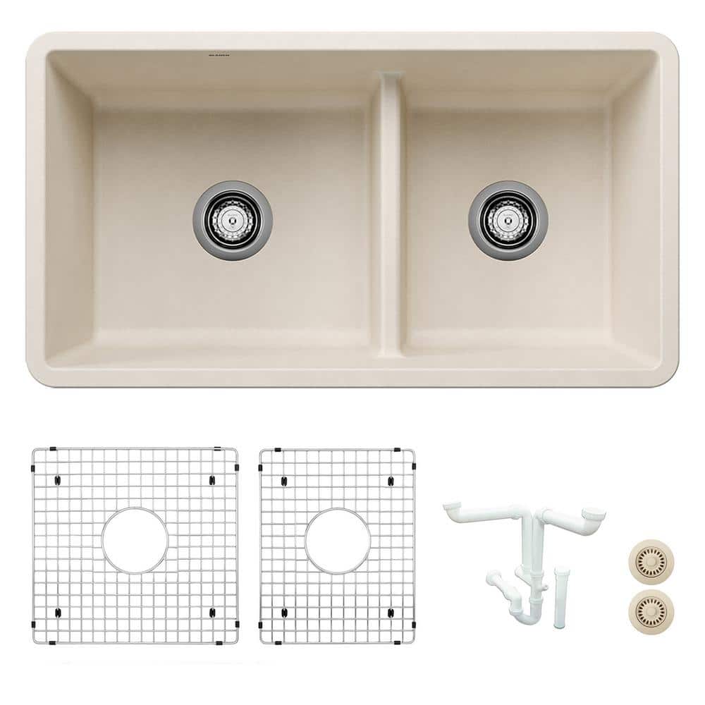 Precis 33 in. Undermount Double Bowl Soft White Granite Composite Kitchen S