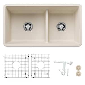 Precis 33 in. Undermount Double Bowl Soft White Granite Composite Kitchen Sink Kit with Accessories