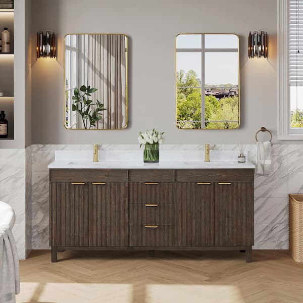 ROSWELL Palos 72 in. W x 22 in. D x 33.9 in. H Double Sink Bath Vanity in Spruce Antique Brown with White GRain Stone Top