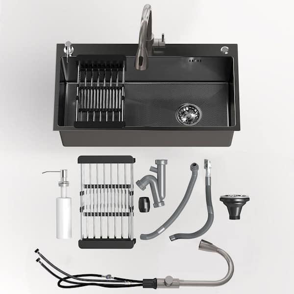 QATSPACE DESIGNS INC 32 in. Drop-In/Undermount Single Bowl 16 Gauge Black Stainless Steel Kitchen Sink with Faucet and Soap Dispenser