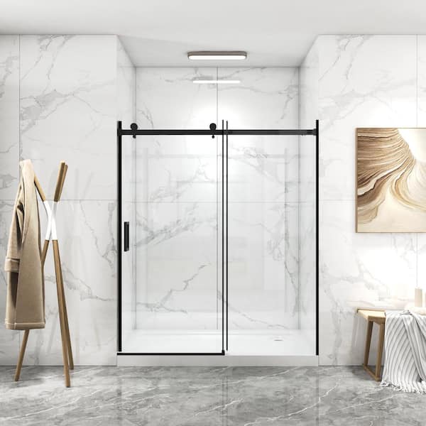 56 to 60 in. W x 70 in. H Single Sliding Frameless Shower Door in Matte Black Finish with Clear Glass