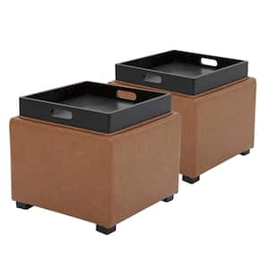 Riley 18 in. Wide Leather Contemporary Square Storage Ottoman with Tray Serve as Side Table in Saddle Brown (Set of 2)