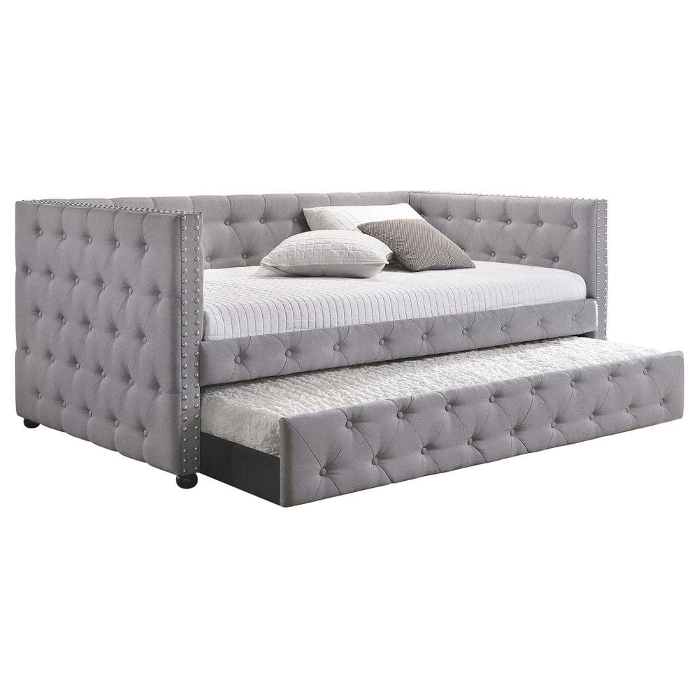 Gray Linen Twin Daybed with Tufted Upholstery and Drawer