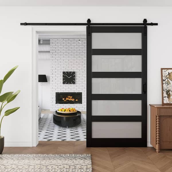 42 in. x 84 in. Waterproof 5-Lite Tempered Frosted Glass Black Finished MDF Sliding Barn Door with Hardware Kit