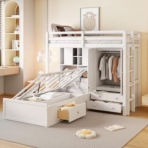 White Twin Bunk Bed with Hydraulic Bed, Wardrobe, Drawers and Storage Shelves