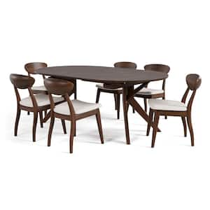 Shelun V 7-Piece Oval Rich Walnut Wood Top Dining Table Set with Twin Extendable Center Leaf (Seats-6)