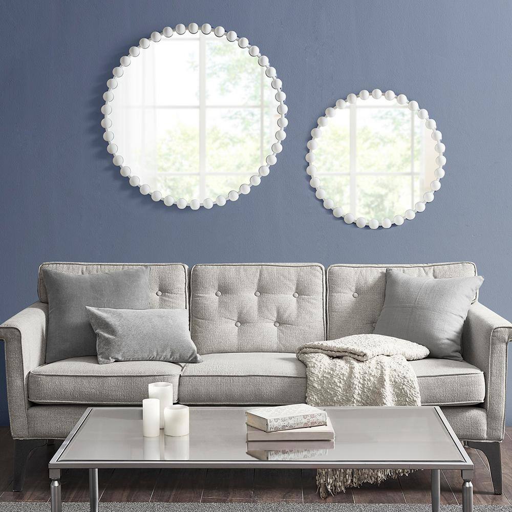 Contemporary 36 in. W. x 36 in. H Round Framed White Wall Mirror with Beade