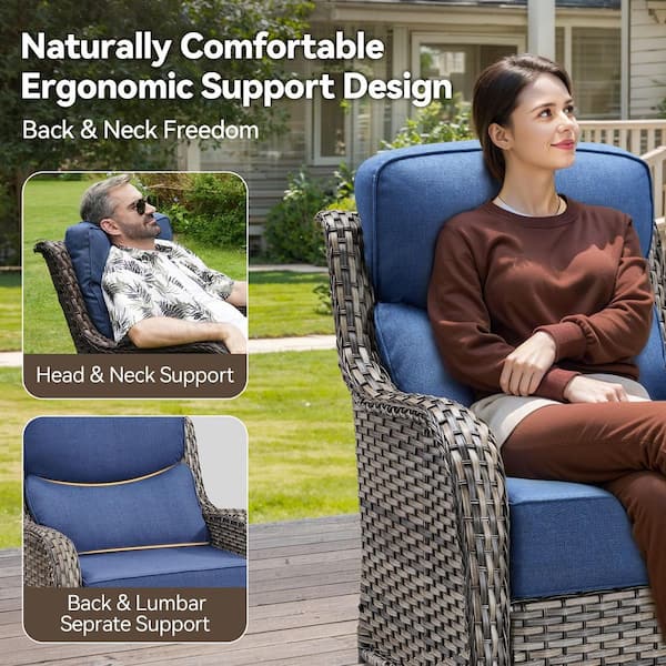 MoonLuxe Gray Wicker Fire Pit Conversation Set with Blue Olefin 6 in. Thick Cushions Patio Swivel Chairs (7-Piece)