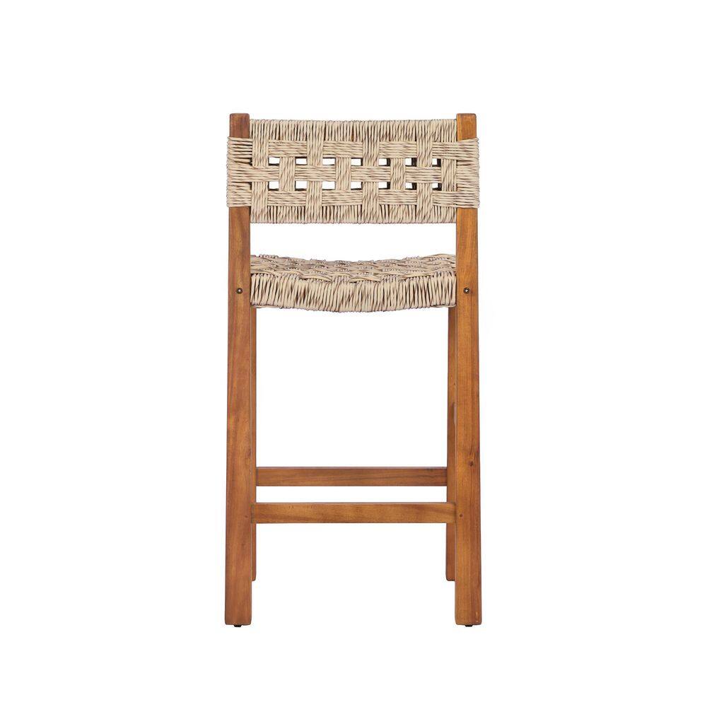 Front view of a wooden bar stool with light gray wicker seat and back.