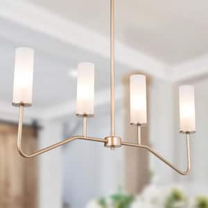 32 in. Modern Chandelier 4-Light Brass Gold Transitional Linear Chandelier with White Frosted Glass Shades