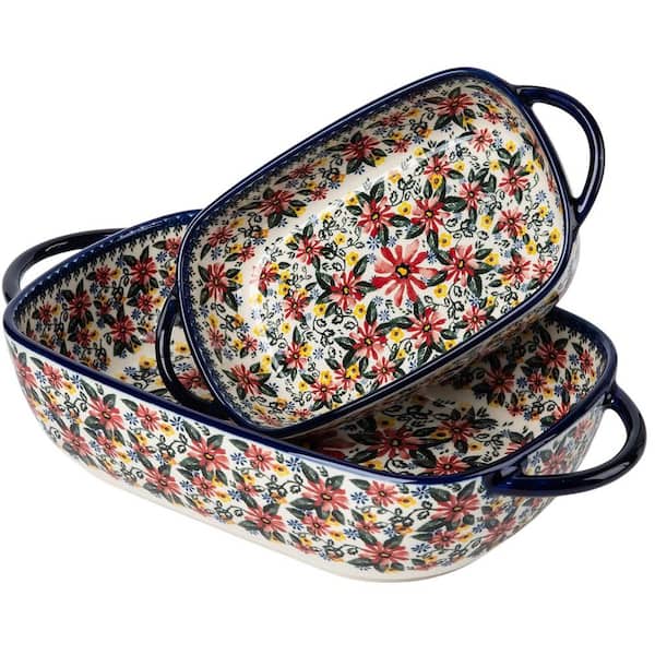 Exotic Daisy Series 2-Piece Rectangular Ceramic Bakeware Set Porcelain Baking Dish with Double Ear Handles