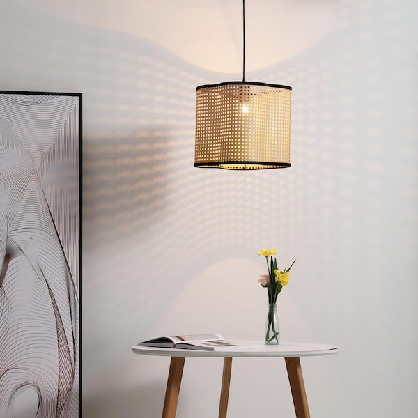 Mid Century 1-Light Bohemian Shaded Pendant Light, With PVC- "Rattan plus Velvet Rimed Shade