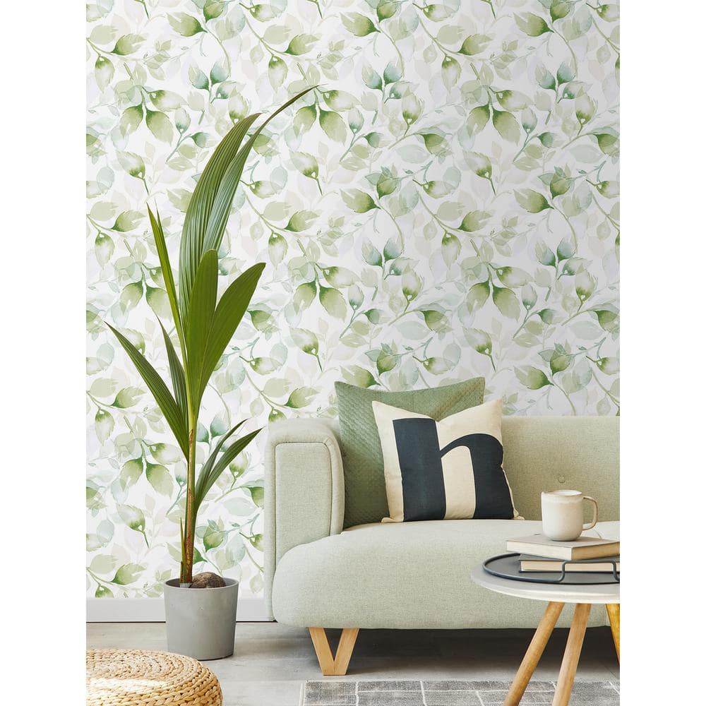 Green Ivy Watercolor Tossed Leaves Peel and Stick Vinyl Wallpaper