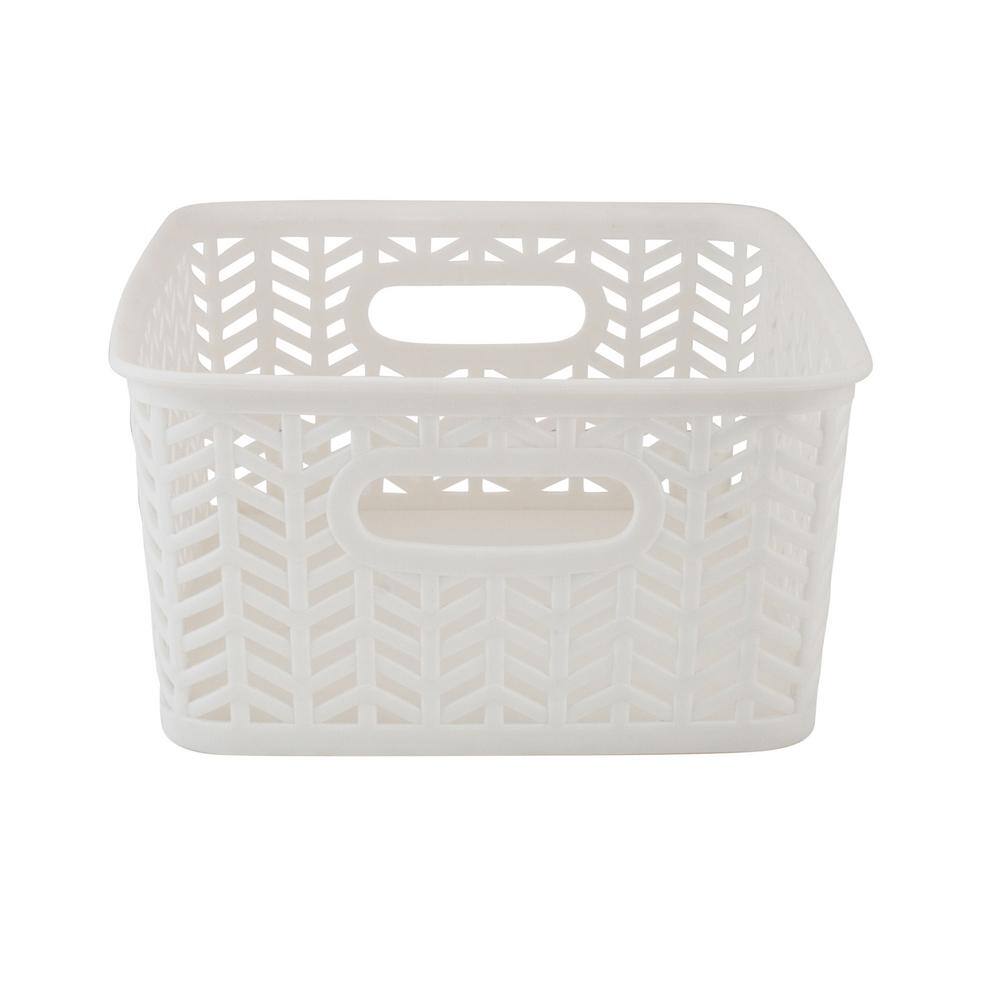 Small White Herringbone Plastic Storage Baskets with Handles, 3-Pack