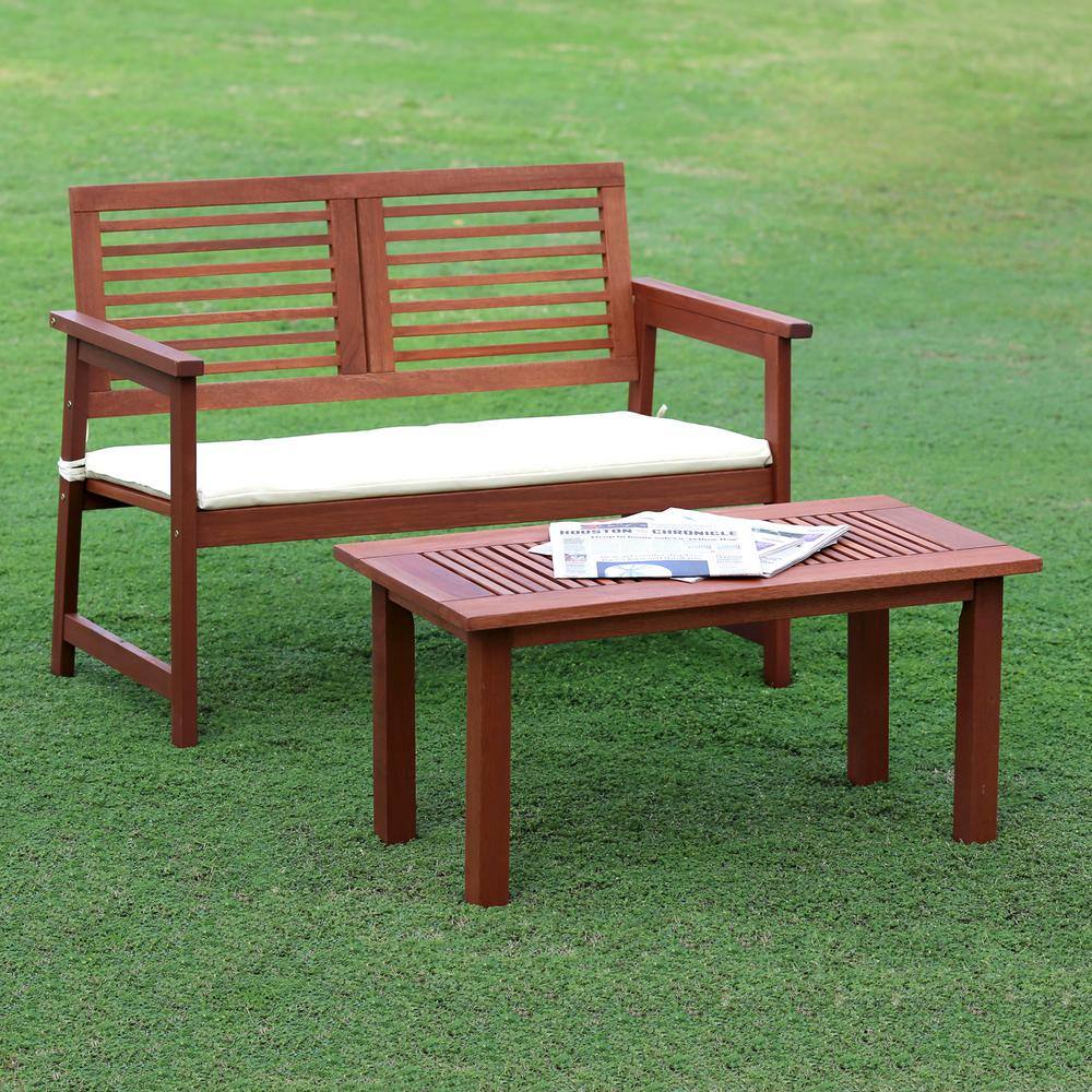 Tioman Teak Oil Hardwood Outdoor Bench with Beige Cushion