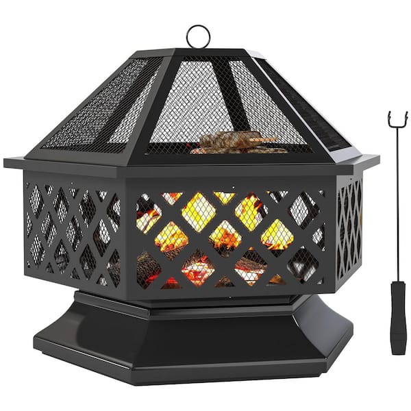 28 in. Outdoor Fire Pit Grill, Portable Wood Burning Firepit Black Steel Hexagon Fireplace for Outside