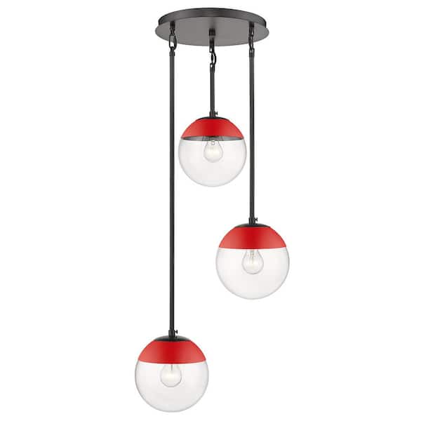 Golden Lighting Dixon 3-Light Pendant in Black with Clear Glass and Red Cap