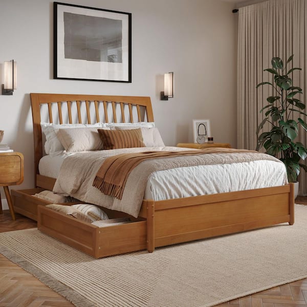Roslyn Light Toffee Natural Bronze Solid Wood Frame Full Platform Bed with Panel Footboard and Storage Drawers
