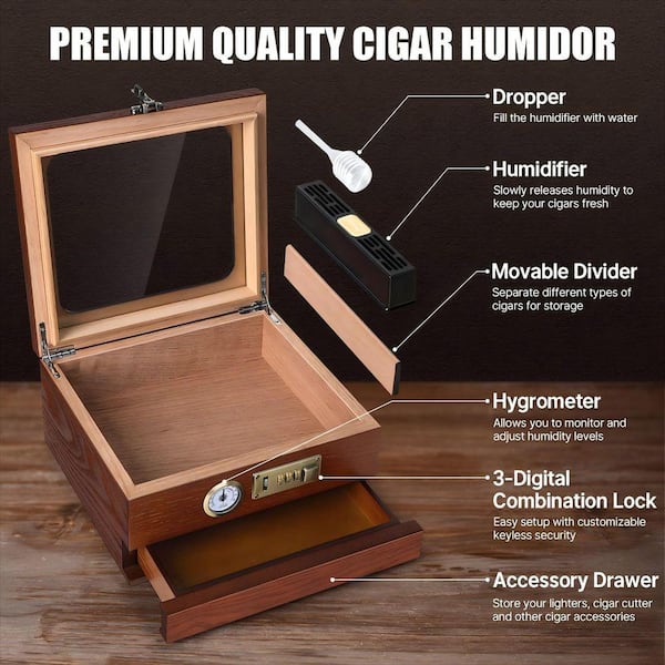Angel Sar Cedar Wood Humidor Cigar Box with Front Hygrometer and