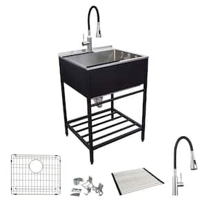 25 in. x 22 in. x 34 in. Stainless Steel Apron-Front Freestanding Utility/Laundry Sink with Wash Stand in Matte Black