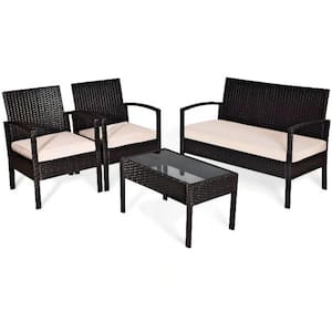 Brown 4-Piece Wicker Patio Conversation Set with Beige Cushions and Storage Coffee Table