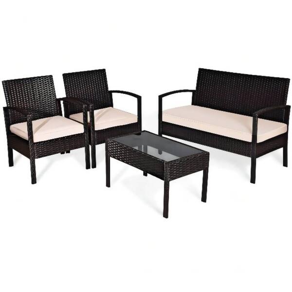 Alpulon Brown 4-Piece Wicker Patio Conversation Set With Beige Cushions ...