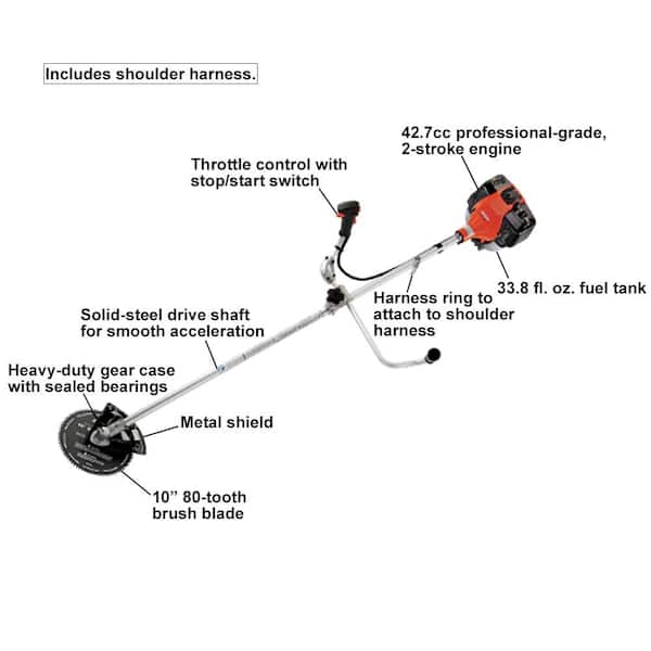42.7 cc Gas 2-Stroke U-Handle Professional Grade Trimmer/Brushcutter with 80-Tooth Brush Blade and Metal Debris Shield