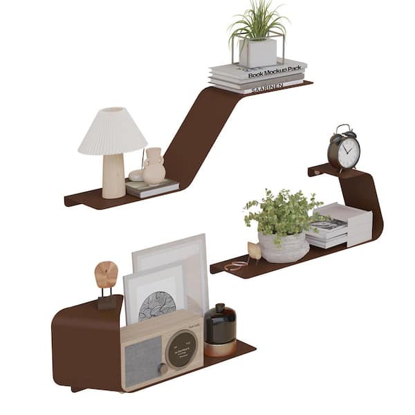Sttoraboks 49 in. W x 6 in. D Floating Decorative Wall Shelf, Set of 3 Wall Mounted Metal Design Shelves, Brown, Garage Wall Shelf