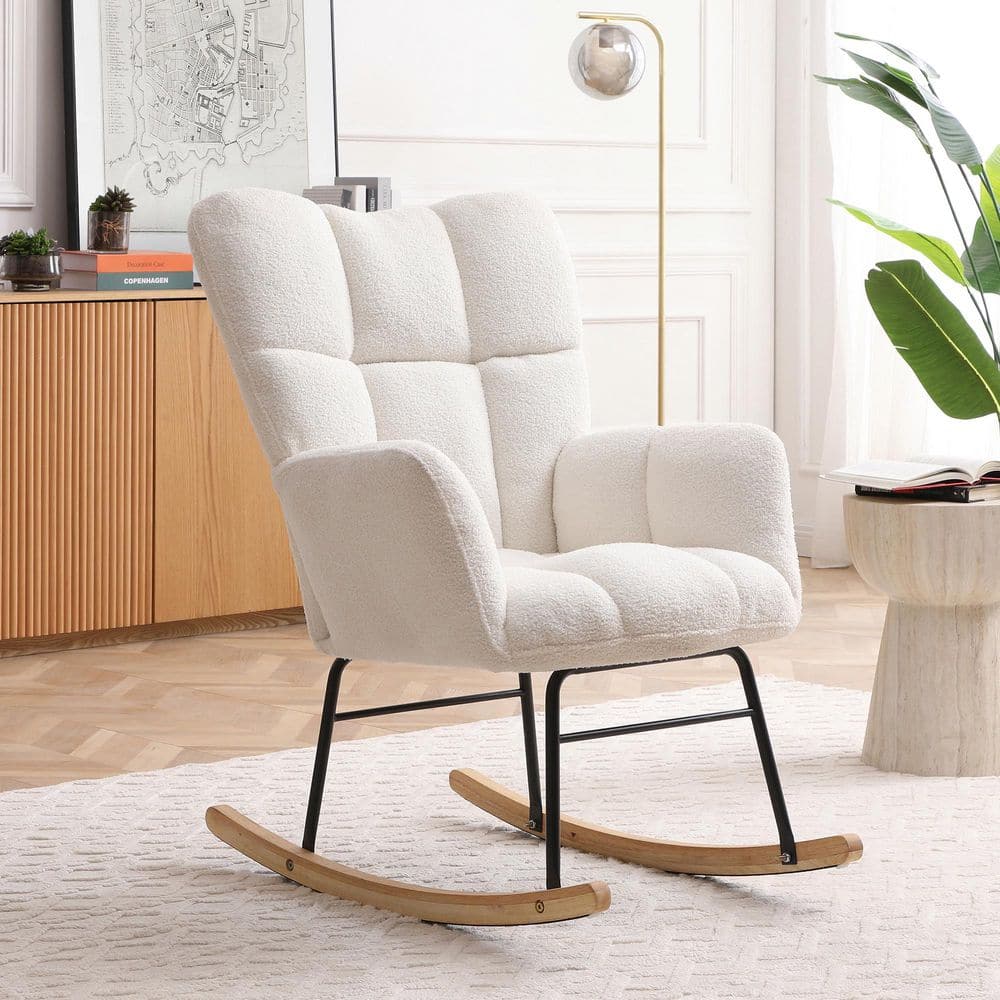 35 in. x 19.2 in. x 39.7 in. Beige Polyester Rocking Chair, Comfy Side Chai