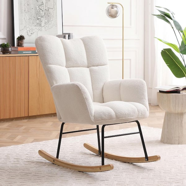 Angel Sar - 35 in. x 19.2 in. x 39.7 in. Beige Polyester Rocking Chair, Comfy Side Chair with High Backrest for Living Room, Office