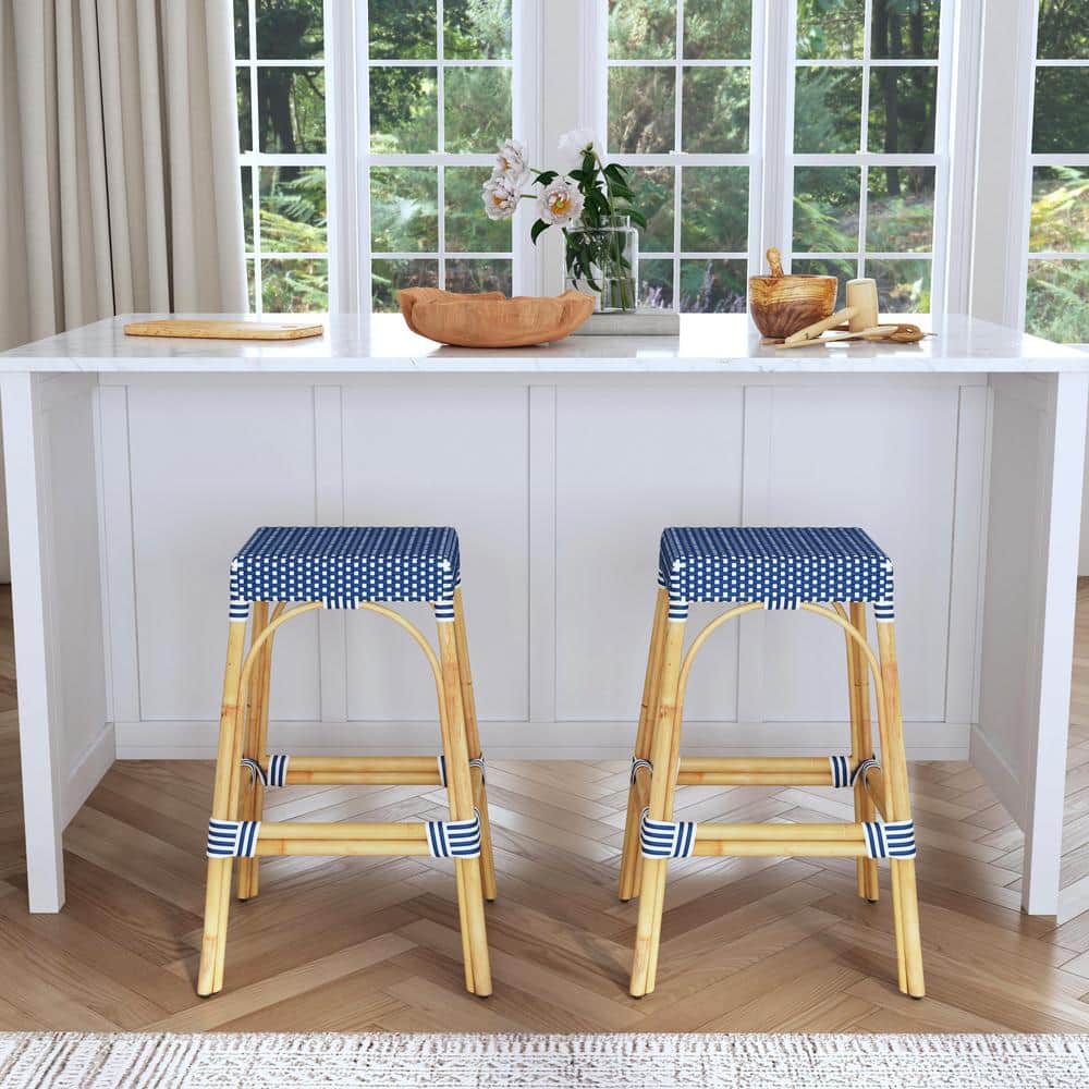 Skye Blue & White Dot 30" Backless Rattan Bar Stool