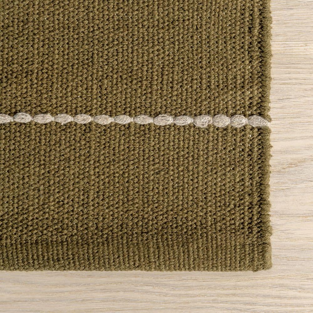 Handmade Olive Green Striped Wool and Cotton Area Rug, 5' x 8'