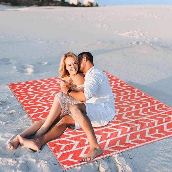 Amsterdam Orange White 5 ft. x 7 ft. Modern Reversible Recycled Plastic Indoor/Outdoor Area Rug-Floor Mat