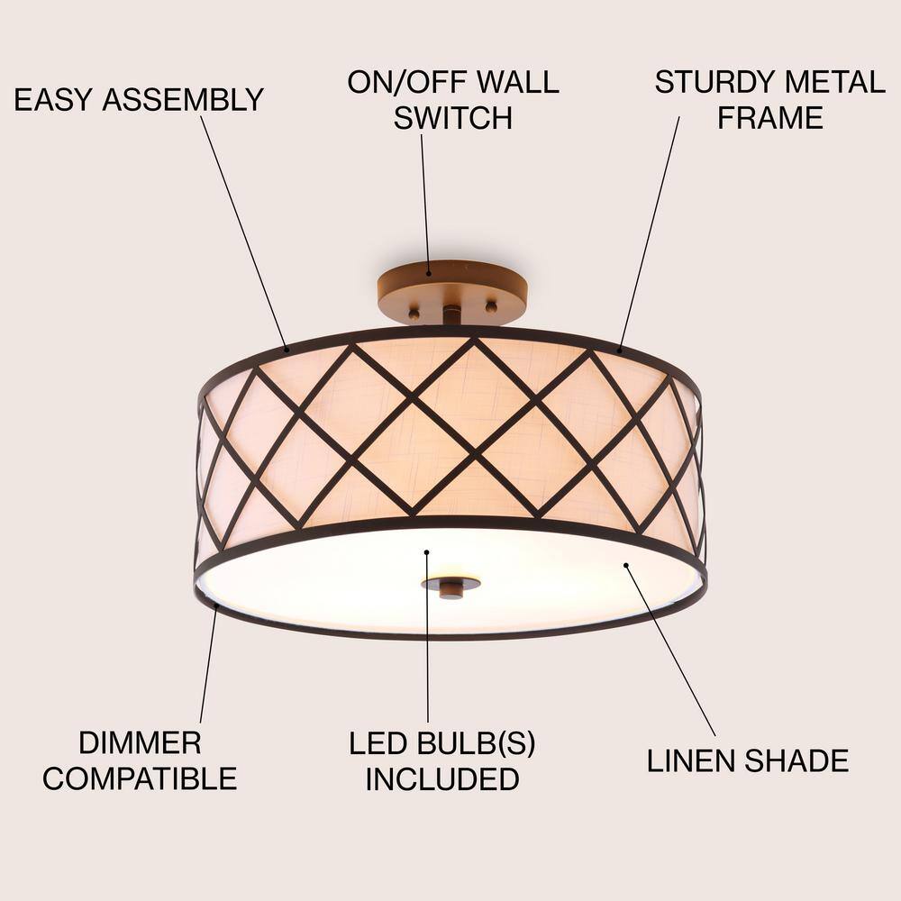 Transitional Elegance 16.75" Drum Flush Mount in Oil Rubbed Bronze with White Linen Shade