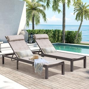 2-Piece Quilted Aluminum Adjustable Outdoor Chaise Lounge in Beige