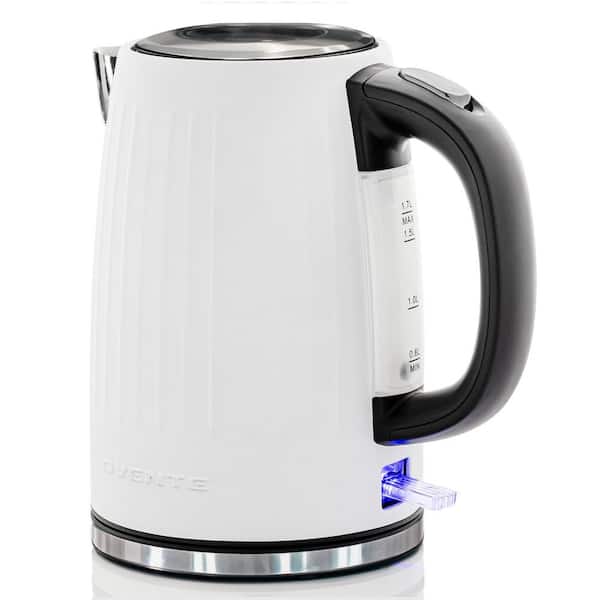 OVENTE 1.7 L Electric Stainless Steel Hot Water Kettle, Auto Shutoff,  Coffee/Tea Maker, White KS777W 