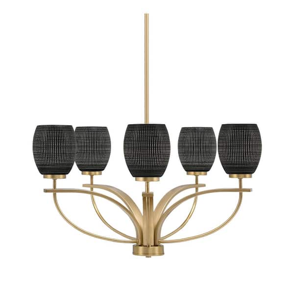 Unbranded Olympia 5-Light New Age Brass Round Chandelier with 5 in. Black Matrix Glass Shades, No bulbs included
