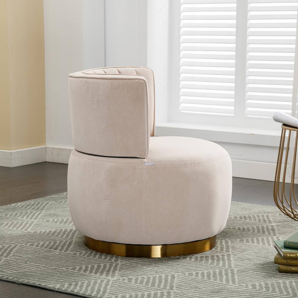 Beige Velvet Swivel Barrel Accent Chair with Metal Base
