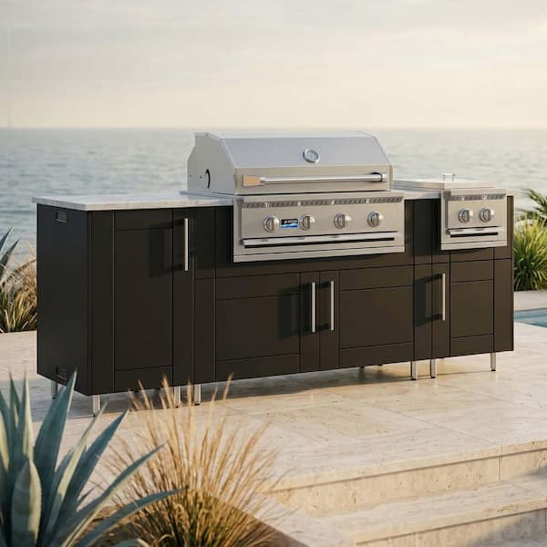 Golden Sky 86.5 in. W 4-Burner Propane Grill Island in Sanibel Pitch Black with Side Burner, Cabinet