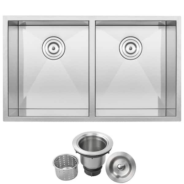 Ticor Pacific Zero Radius Undermount Series 16-Gauge Stainless Steel 32 in. Double Basin Kitchen Sink with Basket Strainer