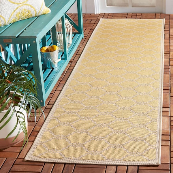 Courtyard Yellow/Beige 2 ft. x 10 ft. Border Trellis Indoor/Outdoor Runner Rug