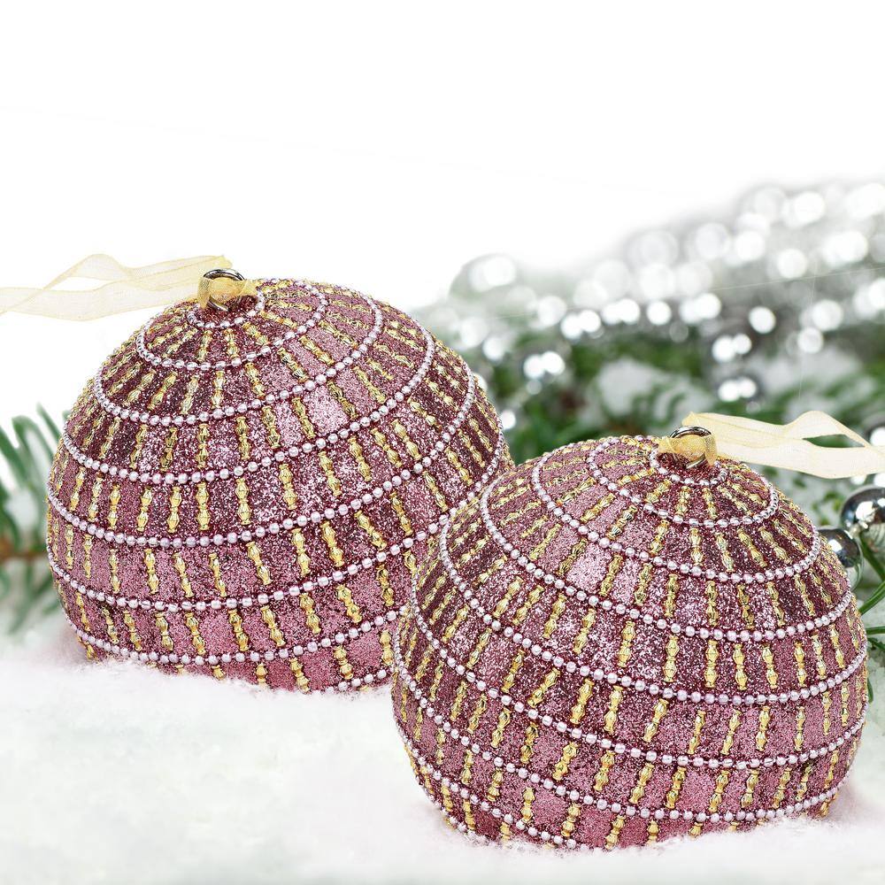 Handcrafted Pink and Gold Glass Globe Christmas Ornaments, Set of 4