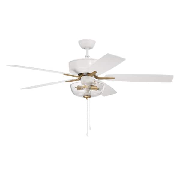 CRAFTMADE Pro Plus 101 52 in. Indoor White/Satin Brass Finish Dual Mount Ceiling Fan w/Clear Glass Bowl Light Kit Included