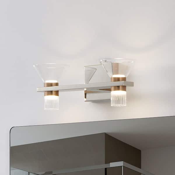 Blake 16-inch 4-light Polished Nickel and Champagne Gold 5CCT LED Vanity Light with Clear and Clear Ribbed Glass